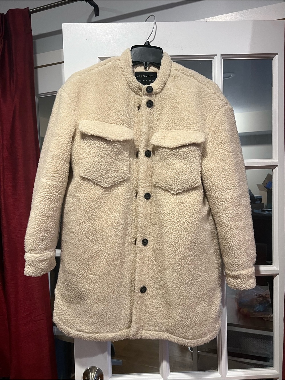 AllSaints Cream Sherpa Shirt Jacket with Front Pockets